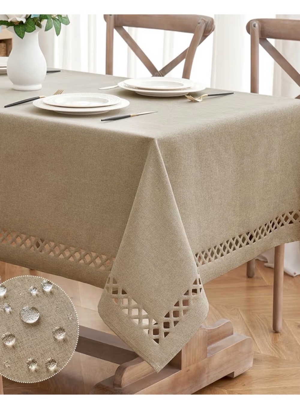 Cutwork Trim Beige Tablecloth - Neutral Linen-Blend